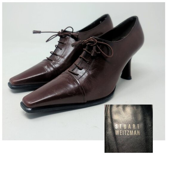 Stuart Weitzman Oxford Heels Shoes 5.5 Brown Square Toe - Picture 1 of 11